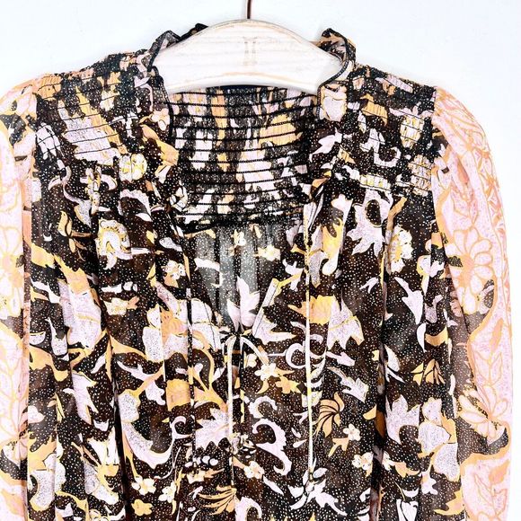 OPT One Pretty Time Smocked Floral Blouse Small Long Sleeve Peasant Metallic Top - Picture 4 of 6